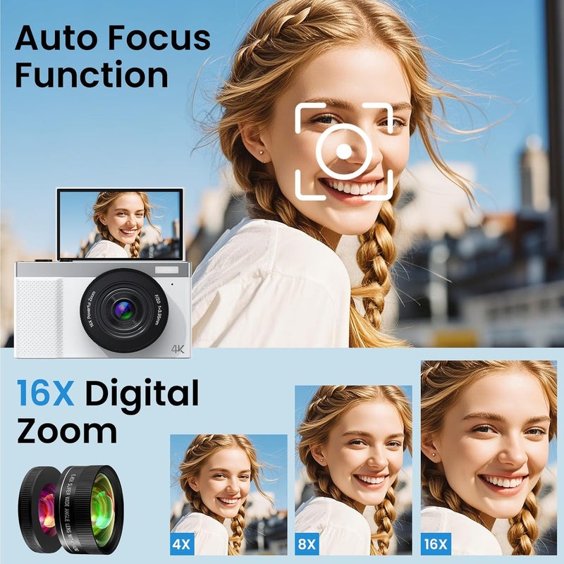 TZZPL 4K Digital Camera, 64MP Vlogging Camera for Photography with 3'' 180°Flip Screen,Macro and Wide-Angle Lenses,16X Vlogging Camera for YouTube with 64GB Micro SD Card for Beginner - Image 2